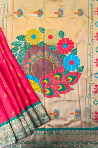 hot pink peacock design zari weaving banarasi saree