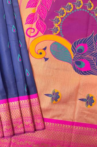 Navy blue color peacock design with zari weaving banarasi paithani silk saree