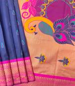 Navy blue color peacock design with zari weaving banarasi paithani silk saree