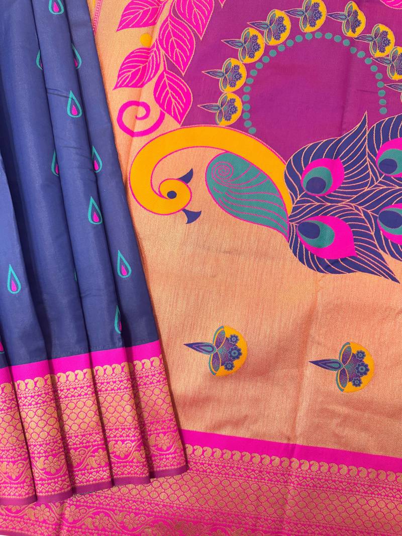 Navy blue color peacock design with zari weaving banarasi paithani silk saree