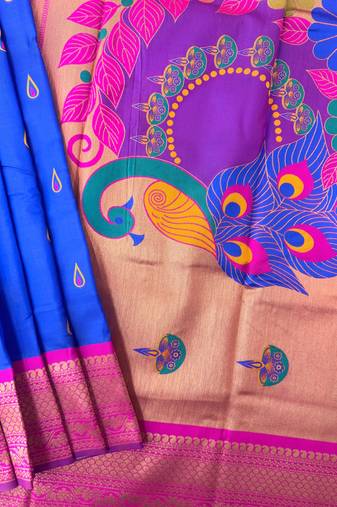 Royal blue color peacock design with zari weaving banarasi paithani silk saree