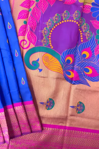 Royal blue color peacock design with zari weaving banarasi paithani silk saree