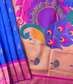 Royal blue color peacock design with zari weaving banarasi paithani silk saree