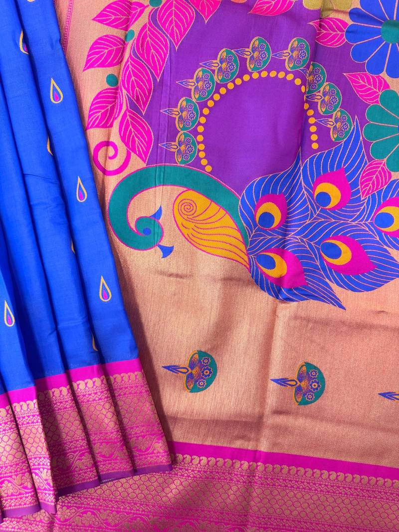 Royal blue color peacock design with zari weaving banarasi paithani silk saree