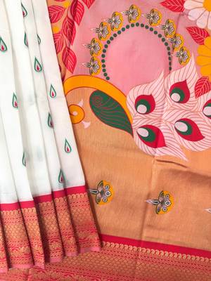 white peacock design zari weaving banarasi paithani saree 1