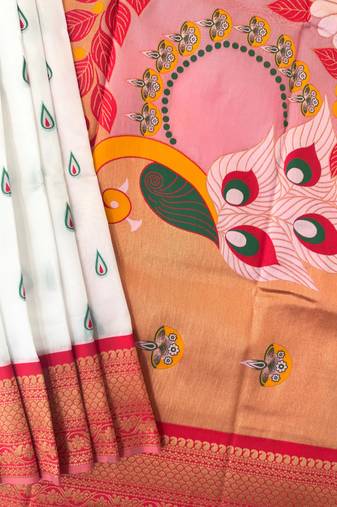 White color peacock design with zari weaving banarasi paithani silk saree