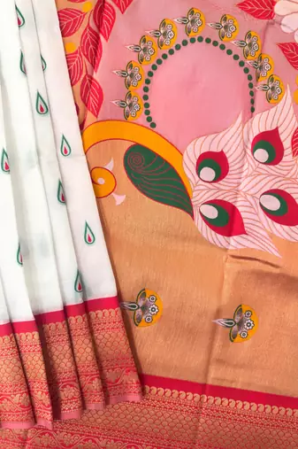 White color peacock design with zari weaving banarasi paithani silk saree