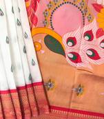 White color peacock design with zari weaving banarasi paithani silk saree