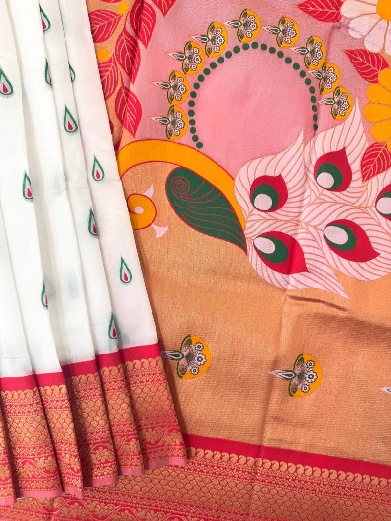 White color peacock design with zari weaving banarasi paithani silk saree