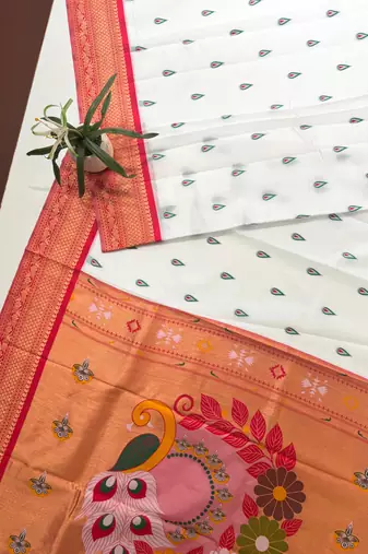 white peacock design zari weaving banarasi paithani saree