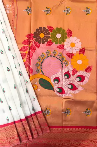 white peacock design zari weaving banarasi paithani saree