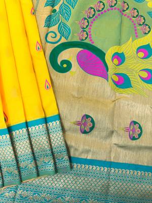 yellow peacock design zari weaving banarasi paithani saree 1
