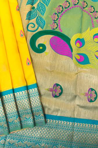 Yellow color peacock design with zari weaving banarasi paithani silk saree