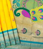 Yellow color peacock design with zari weaving banarasi paithani silk saree