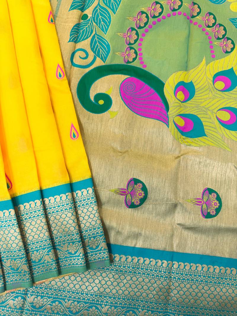 Yellow color peacock design with zari weaving banarasi paithani silk saree
