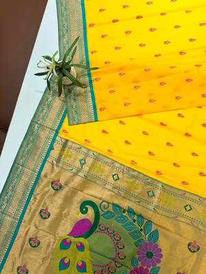 yellow peacock design zari weaving banarasi paithani saree 2