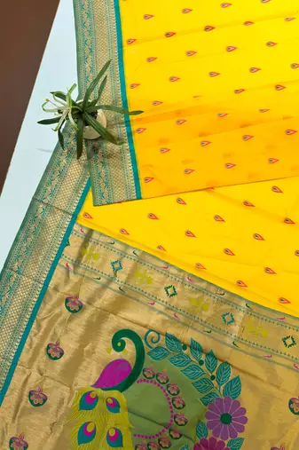 yellow peacock design zari weaving banarasi paithani saree