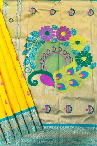 yellow peacock design zari weaving banarasi paithani saree