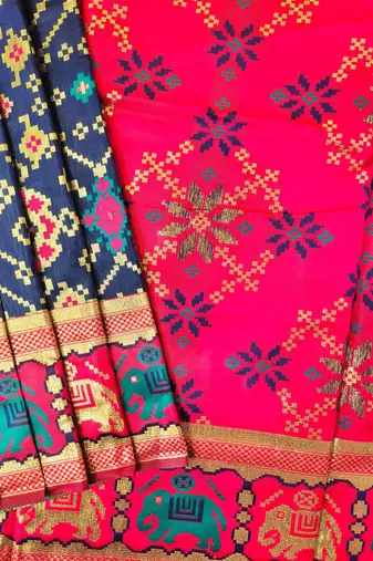 Navy blue color zari and meena weaving patola silk saree