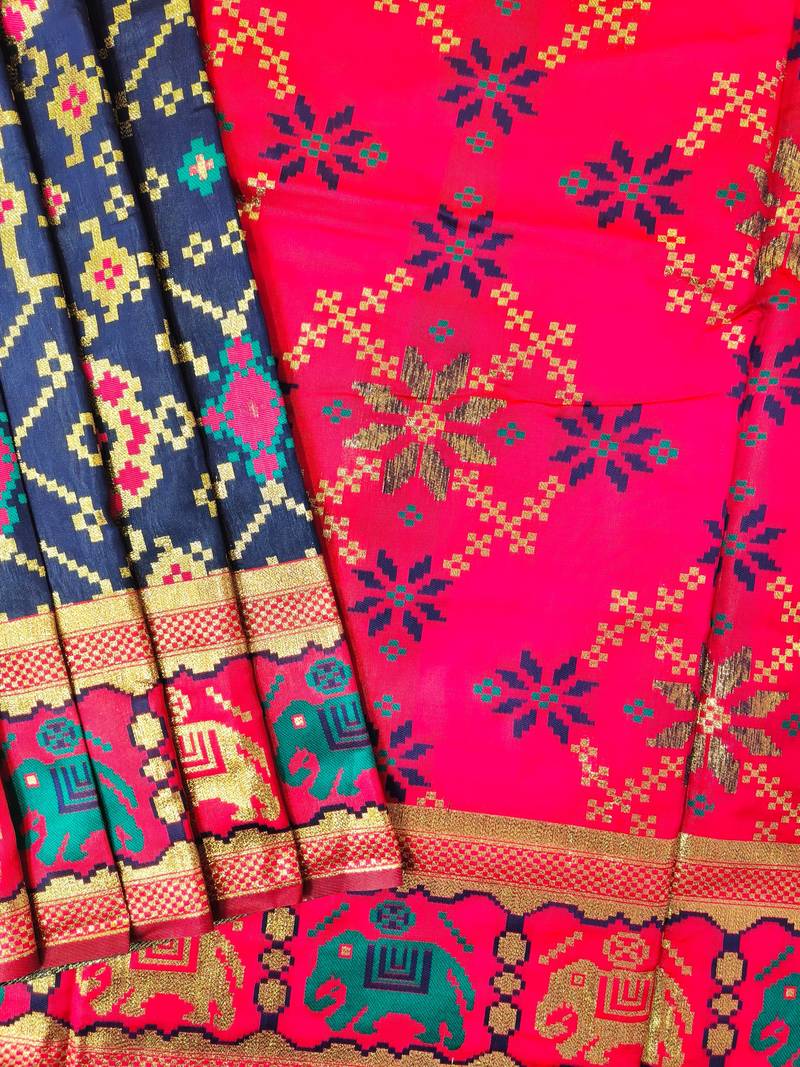 Navy blue color zari and meena weaving patola silk saree