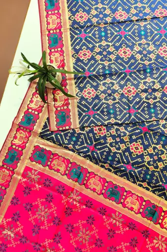 navy blue zari and meena weaving patola silk saree