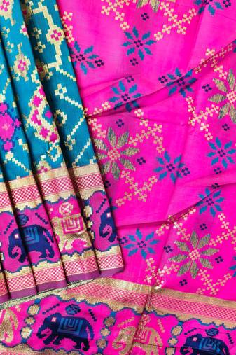 Teal color zari and meena weaving patola silk saree