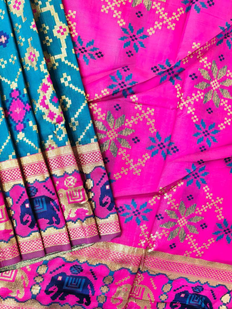 Teal color zari and meena weaving patola silk saree