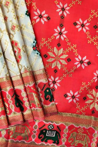 White color zari and meena weaving patola silk saree