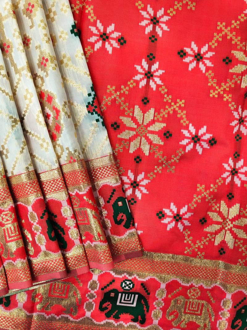 White color zari and meena weaving patola silk saree