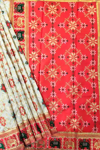 white zari and meena weaving patola silk saree