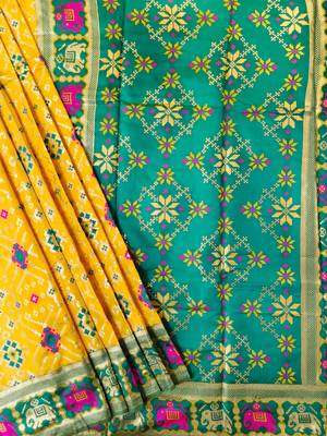 yellow zari and meena weaving patola silk saree 3