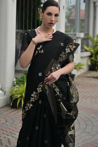 Black color double shaded zari weaves jute linen silk saree