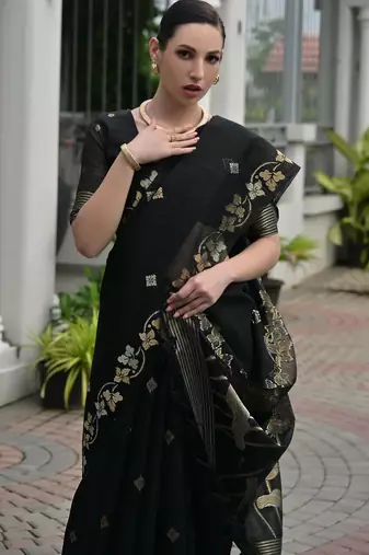 Black color double shaded zari weaves jute linen silk saree