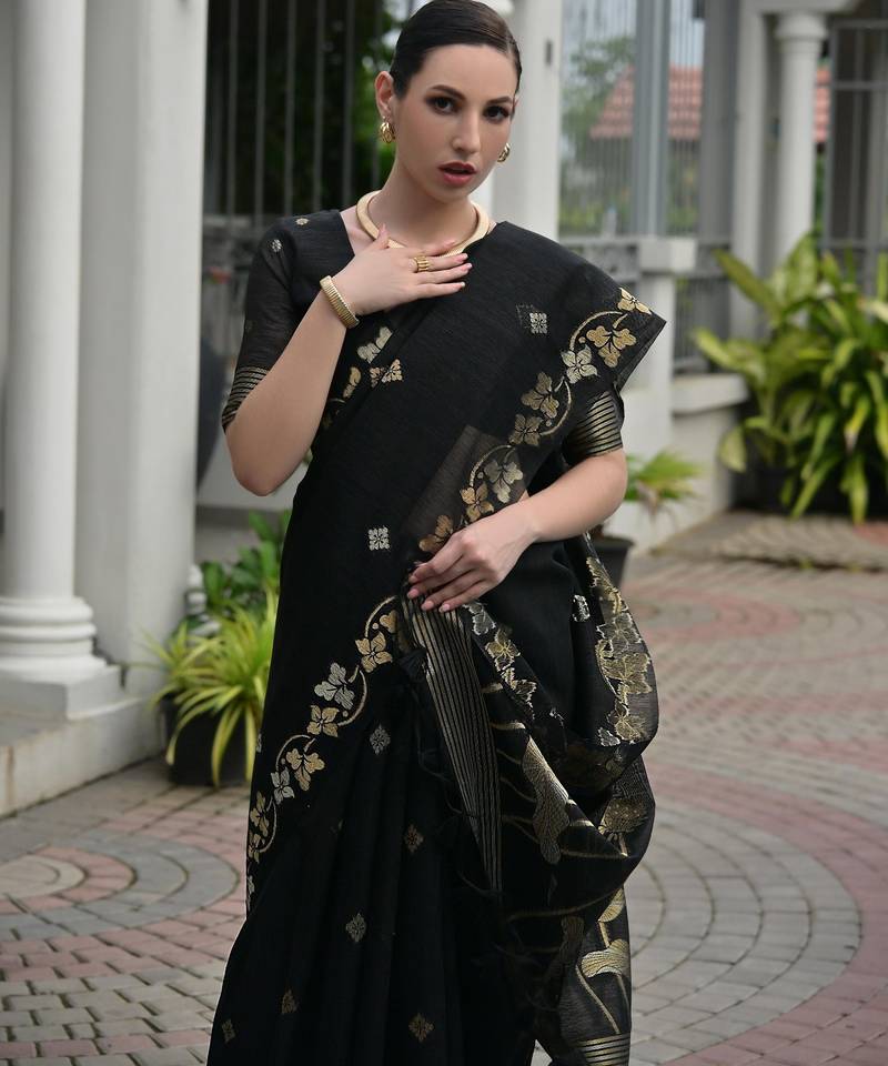 Black color double shaded zari weaves jute linen silk saree
