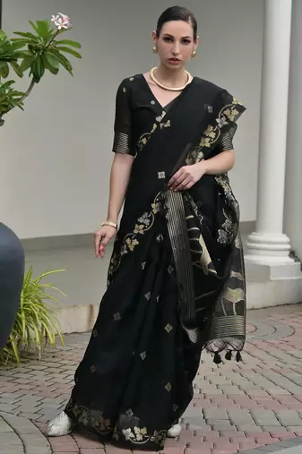 black double shaded zari weaves jute linen silk saree