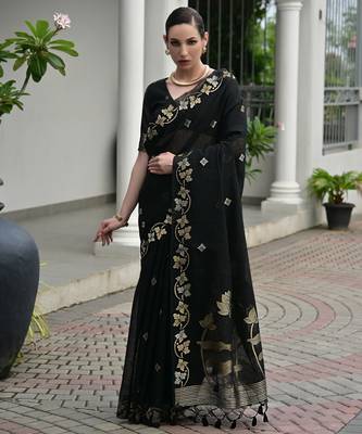 black double shaded zari weaves jute linen silk saree 3
