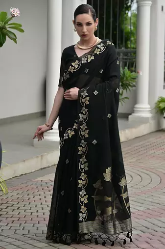 black double shaded zari weaves jute linen silk saree