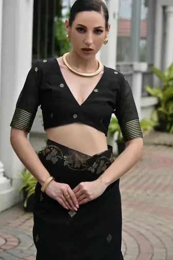 black double shaded zari weaves jute linen silk saree