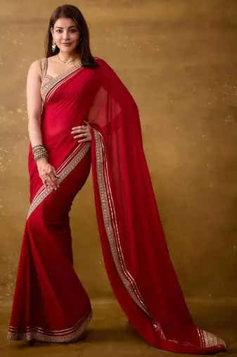 Red silk blend embroidered saree