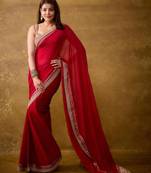 Red silk blend embroidered saree