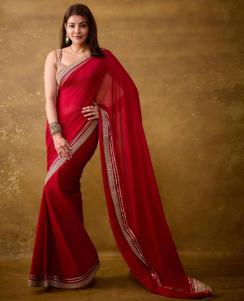 Red silk blend embroidered saree