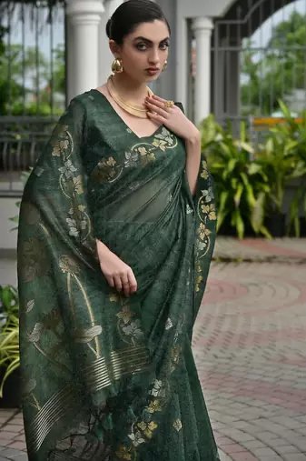 Dark green color double shaded zari weaves jute linen silk saree