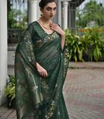 Dark green color double shaded zari weaves jute linen silk saree
