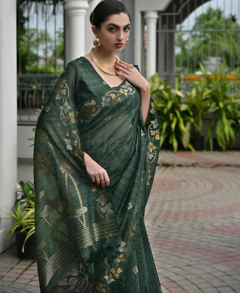 Dark green color double shaded zari weaves jute linen silk saree
