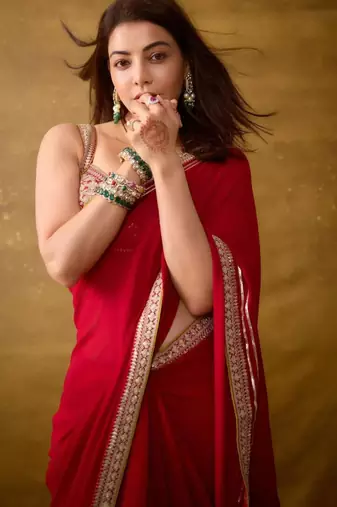 Red silk blend embroidered saree