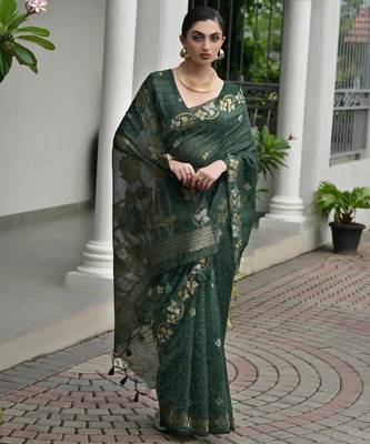 dark green double shaded jute linen silk saree 2