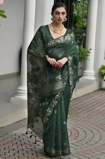 dark green double shaded jute linen silk saree