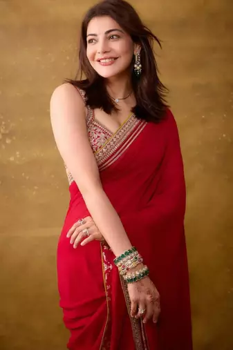 Red silk blend embroidered saree