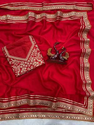 Red silk blend embroidered saree 4