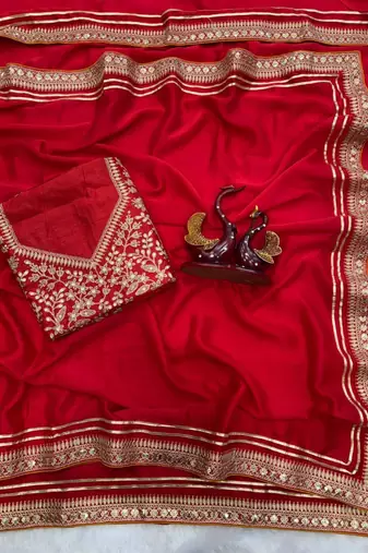 Red silk blend embroidered saree